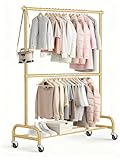 MISSLO Gold Kleiderständer Doppelte Kleiderstange mit Rollen Höhenverstellbar Mobile Garderobenständer Schwerlast Metall Kleiderwagen bis 150 LBS Belastbar