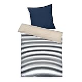TOM TAILOR Perkal-Bettwäsche, 80x80 cm + 135x200 cm, 100% Baumwolle/Perkal, mit Wendemotiv, farbiger Paspel am Kissen und Markenreißverschluss, STRIPES WITH A KICK Blau, Beige (Dark Navy & Sunny Sand)