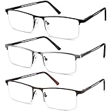 JJWELL 3 STÜCKE Lesebrille Herren Mit Blaulichtfilter, Blaulicht Herren Lesebrille, Rechteckige Halb Metall Lesebrillen Lesehilfe, Anti-Augenbelastung/UV, Anti-Blaulicht Brille Mit Sehstärke 1,5