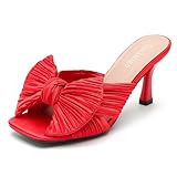Damen-Sandalen mit Schleifenknoten, offener Zehenbereich, niedriger Kitten-Heels, Pantoletten, Slipper, plissiert, Hochzeit, Brautparty, Kleid, Rot/Ausflug, einfarbig (Getaway Solids), 42 EU