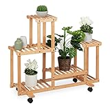 Relaxdays Pflanzenregal, Blumenständer mit 6 Ablagen, Bambus, HxBxT 79 x 95 x 36 cm, rollbar, Blumenregal innen, Natur