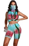 Mrskoala 2 Stück Outfits für Frauen Biker Shorts Lounge Sets Workout Set Jogging Tie Dye Sweatsuit Trainingsanzüge - Blau - Medium