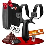 HITX® Zwille Steinschleuder Bundle Set | Super Grip Oberfläche | Slingshot Schleuder mit Gummiband | Einfache Clip-Anbindung | Sportgerät im Bundle Set mit Ersatzgummi + 300 Tonkugeln
