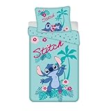 Disney Store Bettwäsche-Set Lillo und Stitch Hawaii, Baumwolle, türkisblau mit tropischem Muster, 140 x 200 cm, Einzelbett, mit Kissenbezug 70 x 90 cm, Reißverschluss