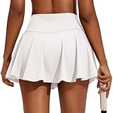 PINSPARK Tennisrock Damen Plissiert Tennis Skort Hohe Taille Golfrock mit Innenhose Shorts Faltenrock Sport Minirock Workout Laufen Rock mit Taschen Weiß S