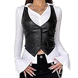 Damen-Blazer, PU-Leder, Knopfleiste, bauchfrei, Neckholder, elegant, Punk, Korsett, Top, V-Ausschnitt, ärmellos, Y2K Weste, Schwarz , L