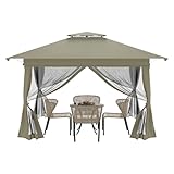QEENTOE 4x4m Doppeldach Faltpavillon Wasserdicht | EIN Knopf Install | Pavillon Entlüftung & Höhenverstellbar | Gartenzelt/Partyzelt für Balkon und Camping inkl. Tragetasche/Moskitonetzen,Khaki