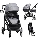 LIFEZEAL Kinderwagen, Reise-Buggy mit verstellbarer Rückenlehne und Haube, Kinderbuggy mit faltbarer Babywanne, Tragbarer Trolley für Kinder von 6-36 Monaten (Grau)