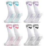 Utensilsto 4 Paar Pilates Socken Yoga Socken für Damen 39-42, Rutschfeste Pilatessocken mit Silikonpunkten, Gestreifte Crewsocken mit Großem Herzmuster für Sport, Zuhause, Yoga, Ballett