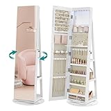 SONGMICS Schmuckschrank, Spiegelschrank, mit rahmenlosem Ganzkörperspiegel, 3 Ablagen, 360° drehbar, abschließbar, Oberfläche in Weiß, Innenfutter in Greige JJC007W02