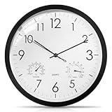 WIYETY wasserdichte Wanduhr mit Thermometer Hygrometer Geräuschlose Outdoor Wanduhr, Große Analoge Gartenuhr aus Kunststoff 30cm für Badezimmer Garten Küche
