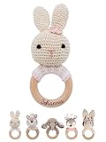 wunderwunsch® - Personalisierter Beißring Baby - Niedlicher Greifling für Baby's ab 0 Monate - Babyrassel mit Name als Baby Geschenk für Mädchen und Jungen (Hase gestreift rosa,mit Gravur)