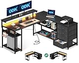 ODK Schreibtisch mit Schubladen, 135×110cm Reversible Eckschreibtisch mit 2 Steckdosen und 2 USB Ladeanschluss, Bürotisch L Form mit LED für Home Office, Schwarz