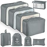YAMAIDUO Koffer Organizer Set, 9 Stück Packing Cubes, Wasserdichte Packwürfel für Urlaub und Reisen, Reisezubehör, Packtaschen für Koffer mit Schuhbeutel für Kleidung Kosmetika, Grau