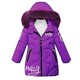 linboo Winterjacke Mädchen Wintermantel mit Abnehmbarer Fellkapuze Warme Lang Mantel Kinder Parka Outdoor Jacke mit Buchstaben und niedliche Muster, Lila, 140