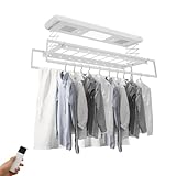 Armanyya Elektrischer Wäscheständer für Wand und Decke mit Ventilator und Fernbedienung, Hebender Wäascheständer, Kleiderstange 130-215 cm Einstellbare, LED-Beleuchtung, 50 m Fernbedienung (Weiß)