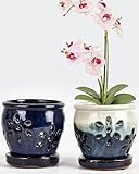 10,2 cm große Keramik-Orchideentöpfe mit Löchern und Untersetzern – 2 Stück kleine Keramik-Orchideen-Pflanztöpfe zum Umtopfen, Pflanzen-Blumentöpfe für Orchideen drinnen und draußen, fördert die