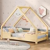 ROISDIYI Hausbett Kinderbett 90x200cm mit Rausfallschutz Spielbett Jugendbett Massivholz (Natur)
