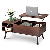 WLIVE Couchtisch Höhenverstellbar, Wohnzimmertisch mit Verstecktem Fach und Verstellbarem Regal, Kaffeetisch für Wohnzimmer, Büro, Braune Eiche