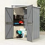 Anbauschuppen Grau aus verzinktem Stahl 118x100x178 cm mit Doppeltüren und Kunststoffgriff für Gartenwerkzeuge Möbel Geräte Lagerung im Freien Terrasse Hof