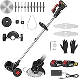 CONENTOOL 600W Akku Rasentrimmer mit 2X 2000Ah Akku, 24V Rasenkantenschneider mit 4 Arten von Schneidklingen, 8500rpm/min Freischneider mit Hilfsgleitrad, Teleskopstab Motorsense