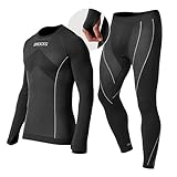 Snocks Thermounterwäsche Herren Thermounterhemd und Thermounterhose für Männer- Termoset Atmungsaktiv Funktionsunterwäsche Herren - L - Schwarz mit Daumenloch