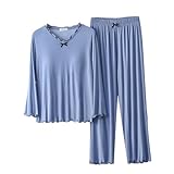 2-teilige Nachtwäsche mit integriertem BH – Nachthemden für Damen, langärmelig, Baumwolle, passender Pyjama, Rundhalsausschnitt, Stretch, Holz, Ohrkante, Loungewear-Sets, leicht, zweiteilig, bequem