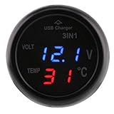 Ymiko Autothermometer Voltmeter Zigarettenanzünder Mit USB-Autoladegerät, 3-Zoll-Dual-LED-Anzeige Digital Voltmeter Thermometer Zigarettenanzünder USB-Autoladegerät PKW(Blau Rot)