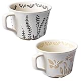 Kaffeetassen 350ml, 2er Set Keramik Kaffeebecher Tassen für Latte Tee Milch Kakao, Teetassen mit Henkel Griff Becherg Geschirrspülerfest Retro Geschenkset Becher, für Küche Haushalt (Pflanzen)