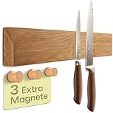 Praknu Magnetleiste für Messer Selbstklebend - 40 cm Akazienholz – Mit 3 Organizer Magnet Haken – Wand Magnetische Messerleiste für bis zu 8 Messer Schwere Messer