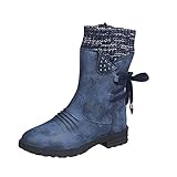 Mittelhohe Stiefel für Damen, Spitze, Wadenabsatz, dick, lässige Stiefel, Damenstiefel, warme Winterstiefel, blau, 39.5 EU
