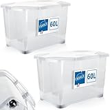 Stimo 2x 60L Aufbewahrungsbox mit Deckel und Rollen große Box rollbar (Transparent)