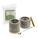 UNUS Beton-Feuer 2er set klein Outdoor Beton Kerze Zylinder, 100g Nachfüllwachs, Löschbrett und Löffel zum Nachfüllen, Tischkamin mit Dauerdocht, Tischfeuer Recycling Kerzenwachs