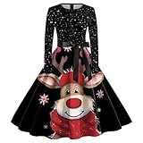 Weihnachtskleid Damen Langarm Kleider, 50er Jahre Mit Weihnachtsmotiv Weihnachten Rundhals Kleid Druck a Linie Weihnachtskostüm Knielang Lustig Weihnachtskleidung Swing Festliche Plisseekleid
