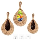 LDXDRU 3 Stück Obstkorb Hängend Hängekorb Küche mit 3 Haken, Hängekörbe Korb Geflochten Obstkorb Wand Hängekorb Aufbewahrungskörbe Aufbewahrungskorb für Küche, Wohnen, Schlafzimmer