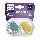 Philips AVENT Ultra Soft Schnuller, 2er-Pack – BPA-freier Schnuller für Babys von 6 bis 18 Monaten, dunkelgrün/dunkelorange (Modell SCF091/04)