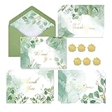 SGERUFZ 12 Stück Dankeschön Karte mit grünem Papierstau Kuvert moderne Faltkarte 4 Designs insgesamt 12 grüne Pflanzen Dankeskarten 12 Umschläge 12 goldene Herz Verschluss Aufkleber