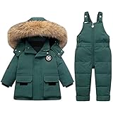 LSHDCER Baby Kleinkind Schneeanzug Jungen Mädchen Winteranzug Skianzug Daunenjacke mit Fellkapuze & Daunenhose Bekleidungsset 2tlg Outfit, Grün, 92-98, EURL28JIU97V10