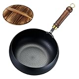 Unbeschichtete Eisenpfanne, Handgeschmiedeter Gusseisen Topf, Gusseisenpfanne, Gesundes Antihaft-Kocherlebnis, Big Belly Bratpfanne mit Deckel zum Rühren, Braten & Grillen (24 cm)