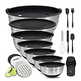 BEWOS Rührschüssel mit Deckel 7-teilig, Edelstahl Rührschüsseln mit Reibe, Nesting Design & Anti-Rutsch-Boden Rührschüssel, Größen 4.5, 4, 3.5, 2.1, 1.5, 1.1, 0.7 Qt zum Mischen&Servieren