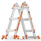 Moonlight Manor 3-Stufen-Mehrzweckleiter, 3,35 m Ausziehleiter mit Stabilisatorstange & Rädern, 150 kg Tragfähigkeit, Sicherheits-A-Rahmen-Leiter für Treppen, Haus Innen- und Außenbereich, Dach