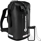 SCANDIC NATURE Pioneer 55L wasserdichter Rucksack schwarz mit Rolltop Verschluss - extra robust Dank Boden mit 1000D PVC LKW-Plane, 3 Reflektor-Streifen Rollverschluss, wasserfeste IPX8 Handyhülle