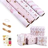 4 Rollen Geschenkpapier Set Rosa, 43cm x 300cm Packpapier Geburtstag, Geschenkpapier Rolle mit Aufkleber und Jute Schnur, Gift Wrapping Paper für Hochzeit, Muttertag, Valentinstag