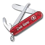 MY FIRST VICTORINOX Kinder Taschenmesser personalisiert – Schweizer Taschenmesser mit 9 Funktionen – Wunschname Gravur – Geschenk für Kinder zum Geburtstag (rot transparent)