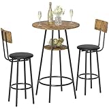HOMCOM Bartisch mit Barhocker-Set Esstisch mit 2 Gepolsterten Stühlen mit Fußstütze, Metallrahmen, Industrial Bartisch Set Küchetisch mit Ablage für Esszimmer, Kleine Raum, Rustikal-Braun
