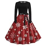 Weihnachtskleid Damen, Weihnachts Hepburn Kleid, Langarm Blütenblatt V-Ausschnitt Weihnachtskleider Damen A-Linie Hohe Taille Seil Weihnachten Kleid Große Größen Damen Weihnachten Kleid