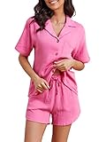 Famulily Günstig Damen Hausanzug 2-Teilig Sommer Loungewear Damen Set Kurze Hose Elegant Baumwolle Homewear Set Kuschelig HeißEs Rosa M