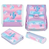 herlitz Schulranzen Set 4-teilig Loop Ocean Lights Rosa 17 L Ergonomischer Tornister mit geringem Gewicht 1. Klasse Junge Mädchen Kinder, Seepferdchen