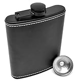 Leder-Flachmann Für Spirituosen 24 cl Edelstahl, Schwarzes Leder, Auslaufsicherer Schwarzer Flachmann Mit Trichter Für Männer Und Frauen