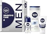 NIVEA MEN Sensitive Care Geschenkset, Pflegeset mit Pflegeprodukten für sensible Haut, Geschenkbox mit Pflegedusche, Gesichtspflege Creme und Deo für Herren